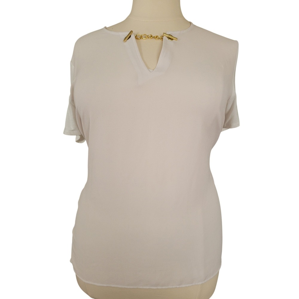 Michael Kors XXL Cream Gold Chain Link Neck Short Sleeve Blouse Top Mixed Media
